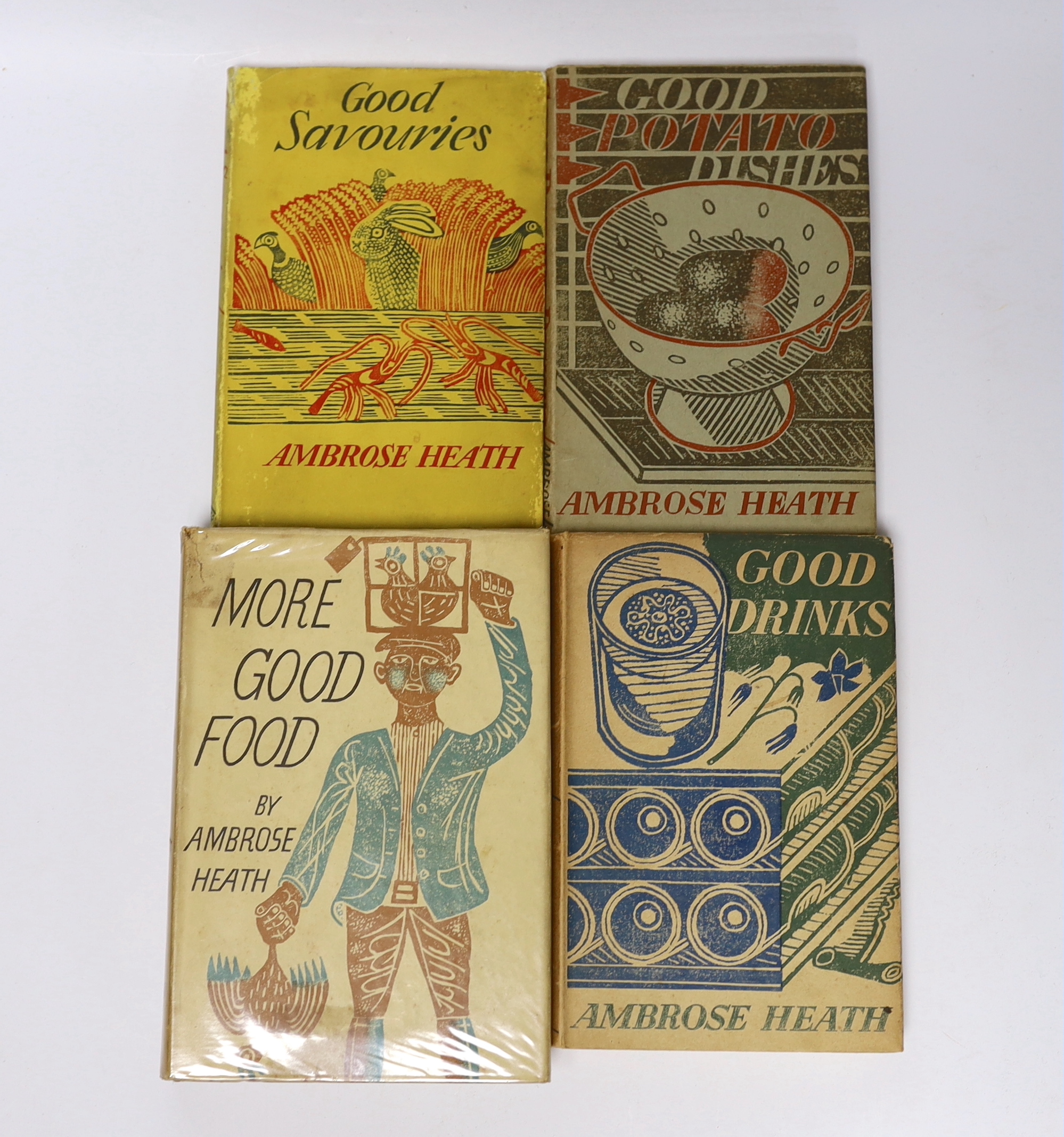 Bawden, Edward - Eight works with dust jackets and illustrations by Edward Bawden, consisting - Heath, Ambrose - 6 works, Good Food, 1932 and another copy, 1944; More Good Food, with clipped d/j, 1933; Good Savouries, 19